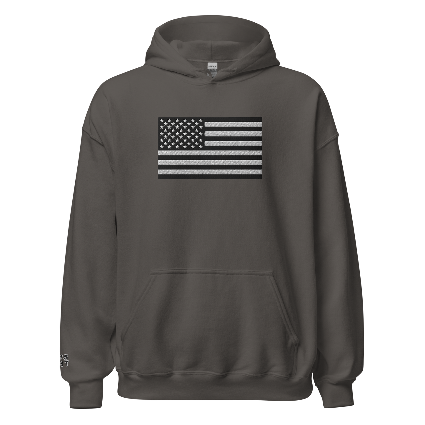 Dark gray hoodie with American flag design on a white background