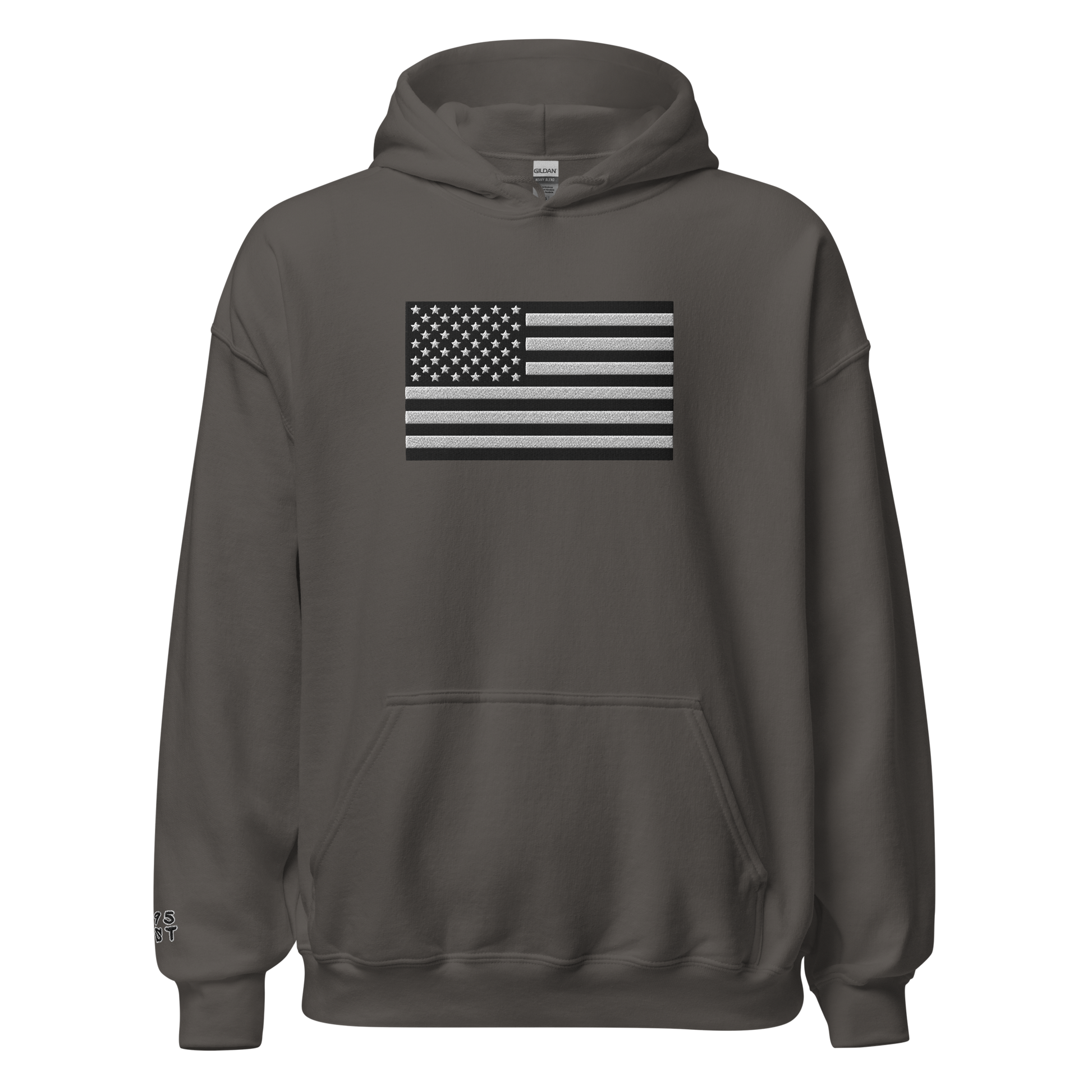 Dark gray hoodie with American flag design on a white background