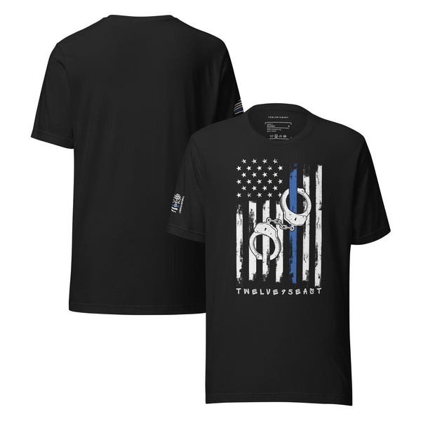 Handcuff Flag Thin Blue Line T-Shirt by Twelve95East